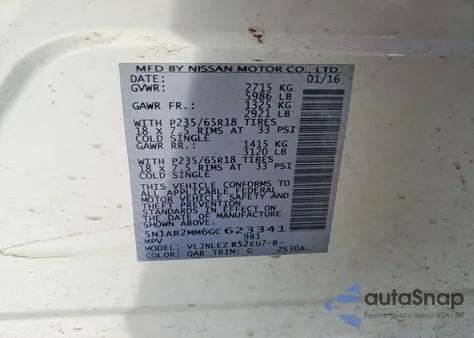 2016 Nissan Pathfinder S z USA, uszkodzony, nr VIN 5N1AR2MM6GC623341